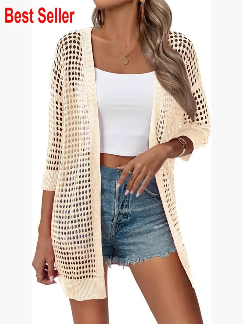 Lightweight Crochet Cardigan Short Sleeve Boho Kimono Open Front Oversized Top